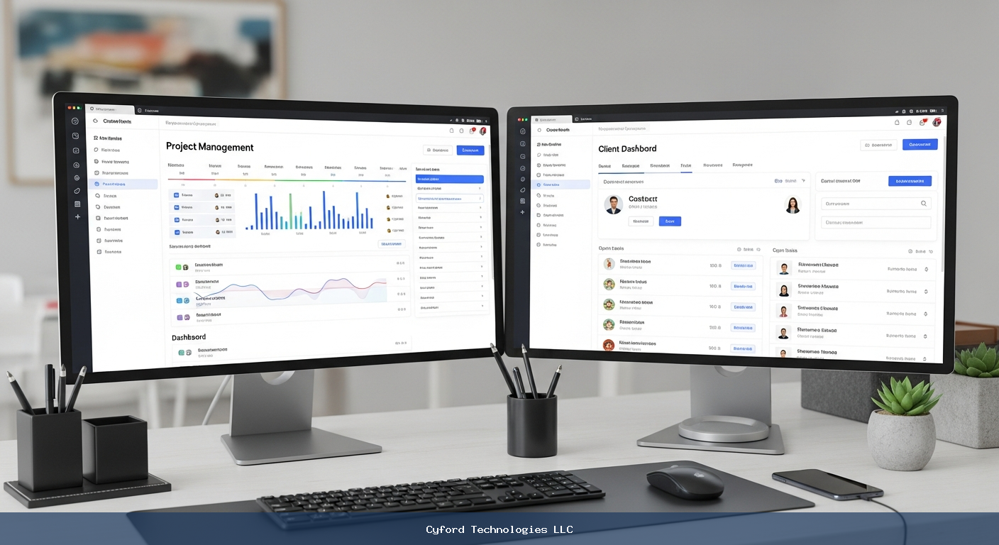 modern office desk with project management and cloud-free CRM interface on dual monitors